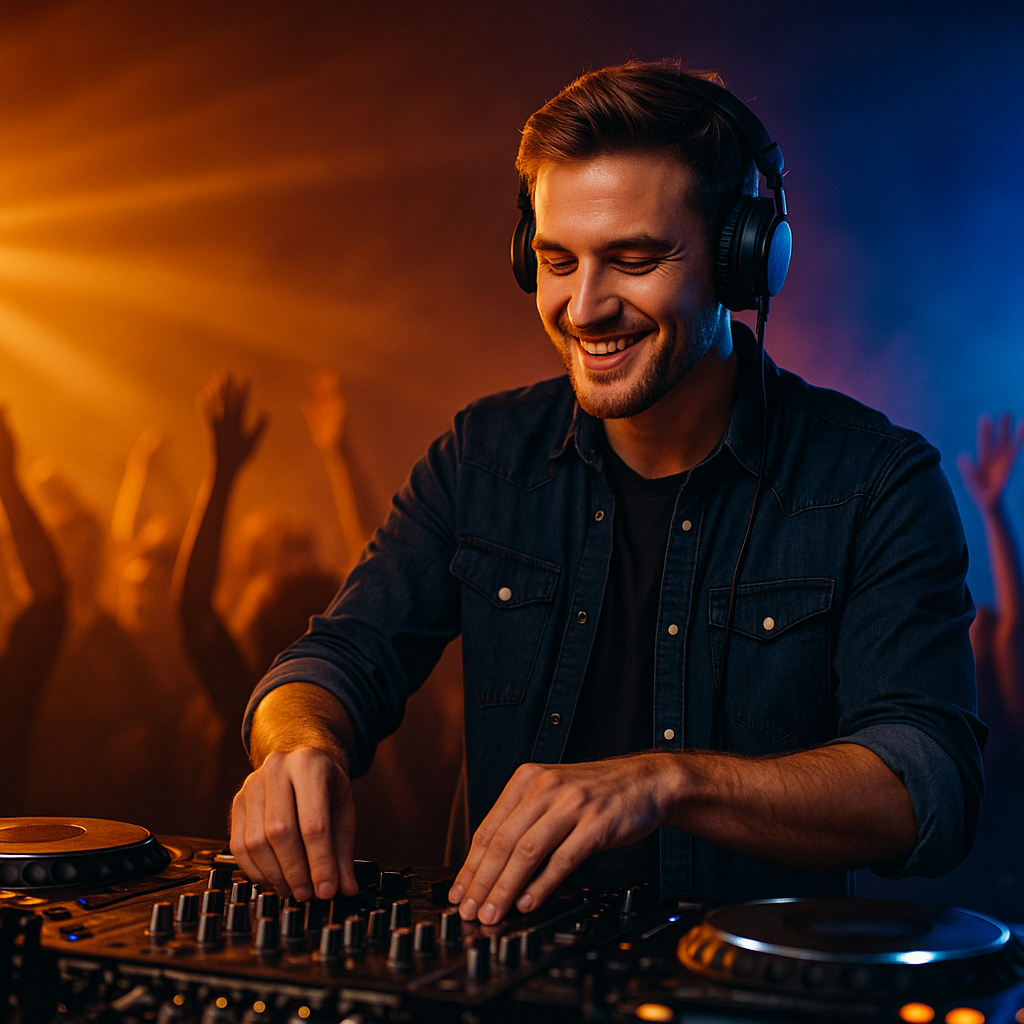 DJ performing live at console with lights