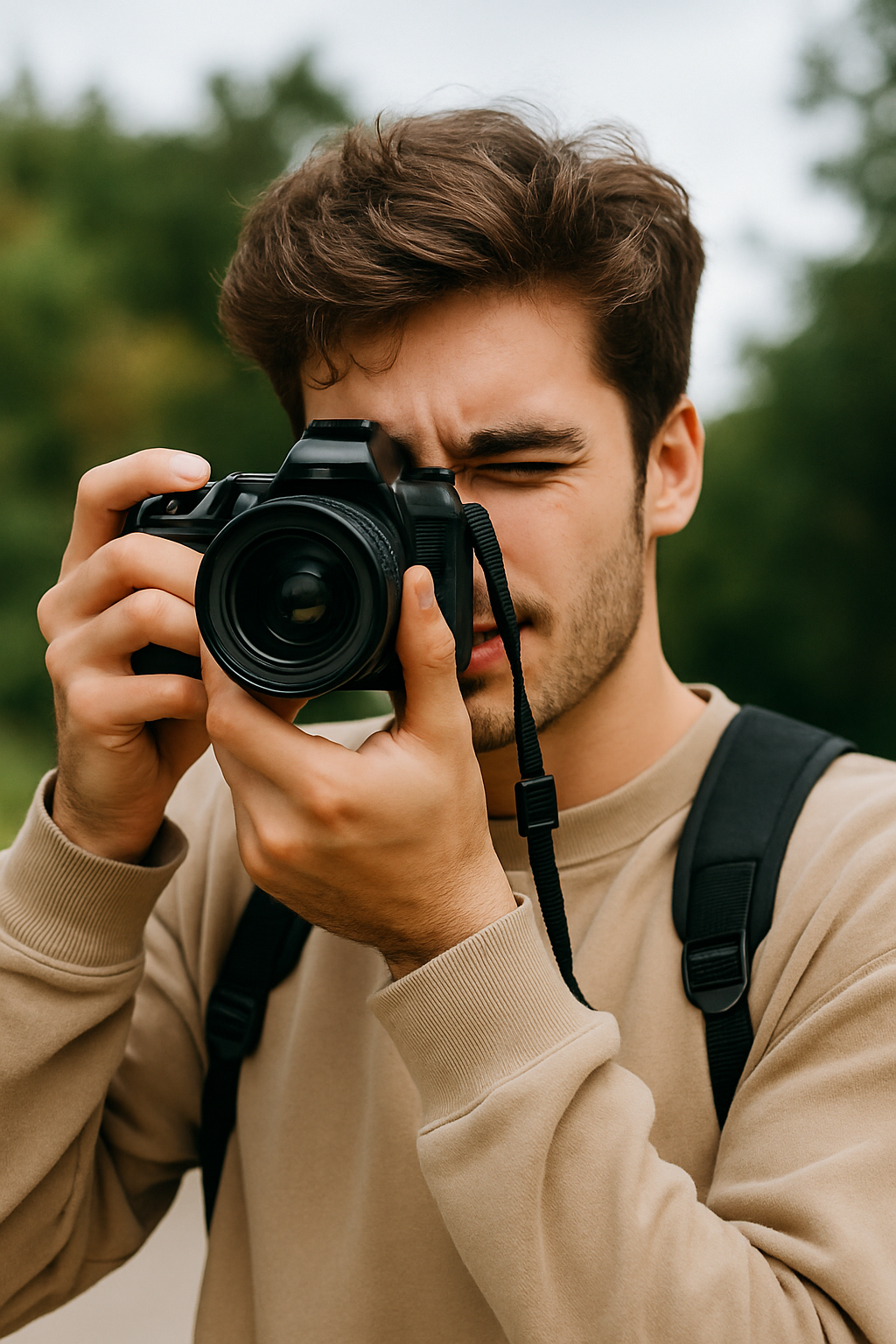 Photographer holding a camera and capturing an image