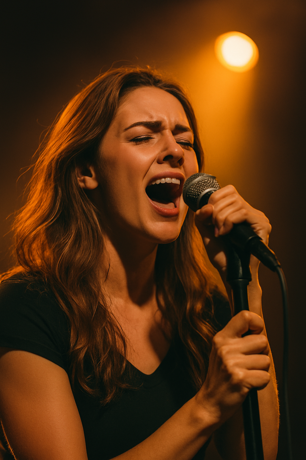 Singer performing live on stage with microphone