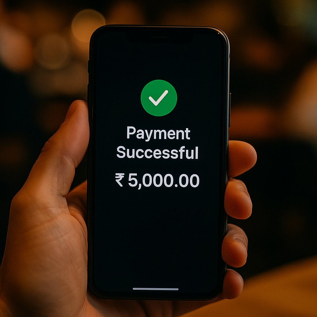 Phone screen showing secure Payment Successful confirmation in INR